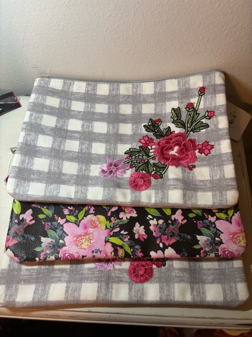 Set of 3 Mixit Floral Embroidered Gray & Pink Cosmetic Bag Set